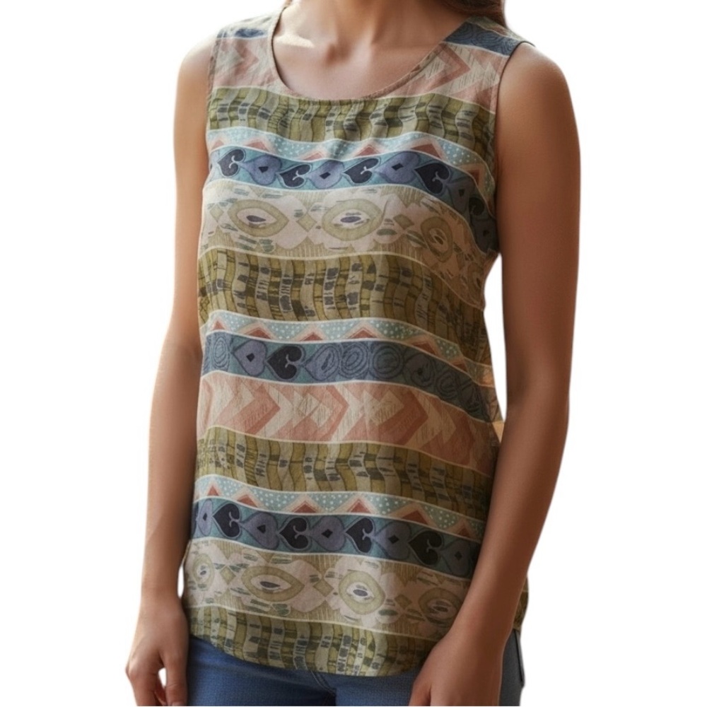 Stunt Vintage Silk Peach & Olive Tribal Geometric Print Sleeveless Tank Blouse S